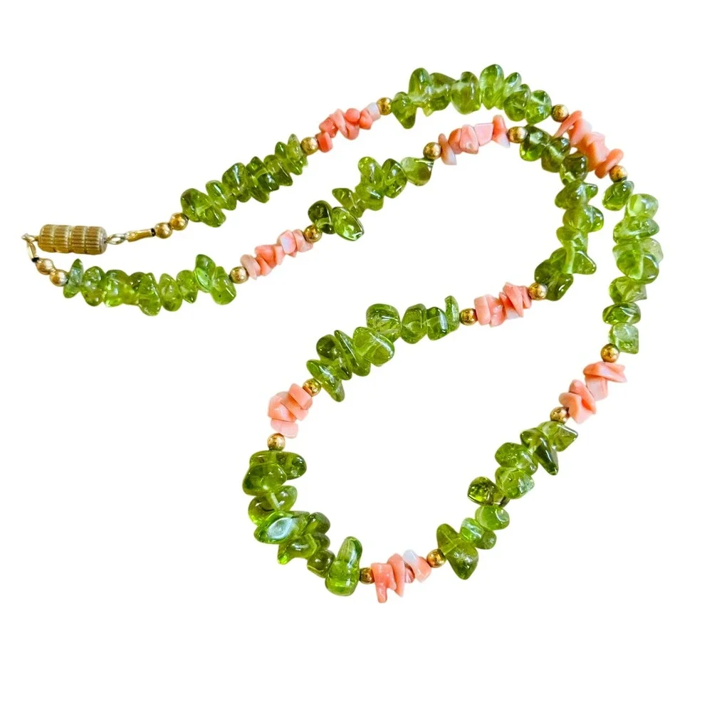 VTG Green Peridot Pink Coral Natural Necklace Angelskin Chip Beaded Genuine 16